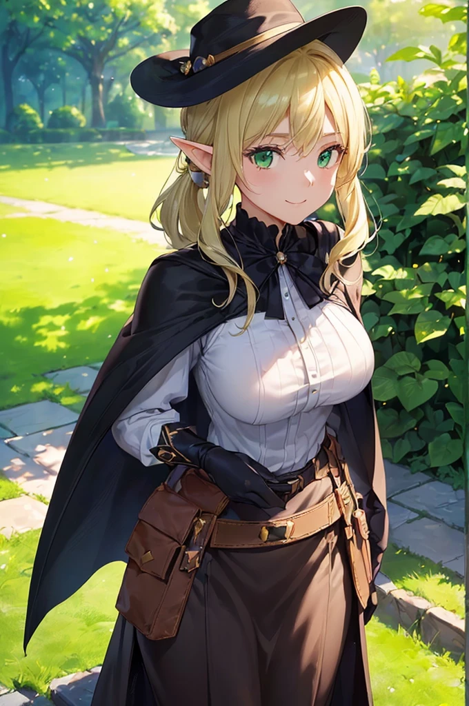 (((masterpiece; best quality: 1.2))), (finely detailed eyes: 1.3), (25 year old elf woman), (solo), (green eyes: 1.4), (body; big breasts, fit, femenine: 1.3), (silky blonde hair in low ponytail: 1.3), (beautiful and clear background: 1.2), ((depth of field)), (equipment: adventurer garb + modest + elegant wide-brimmed hat + dark blouse + dark cape + black long skirt + gloves + belt + pouches: 1.3), (anime illustration: 1.2), (background composition; royal garden: 1.1), (extremely fine and beautiful: 1.1), (shot composition; standing + centered on torso + close-up: 1.5), (expression; calm, smile: 1.2)