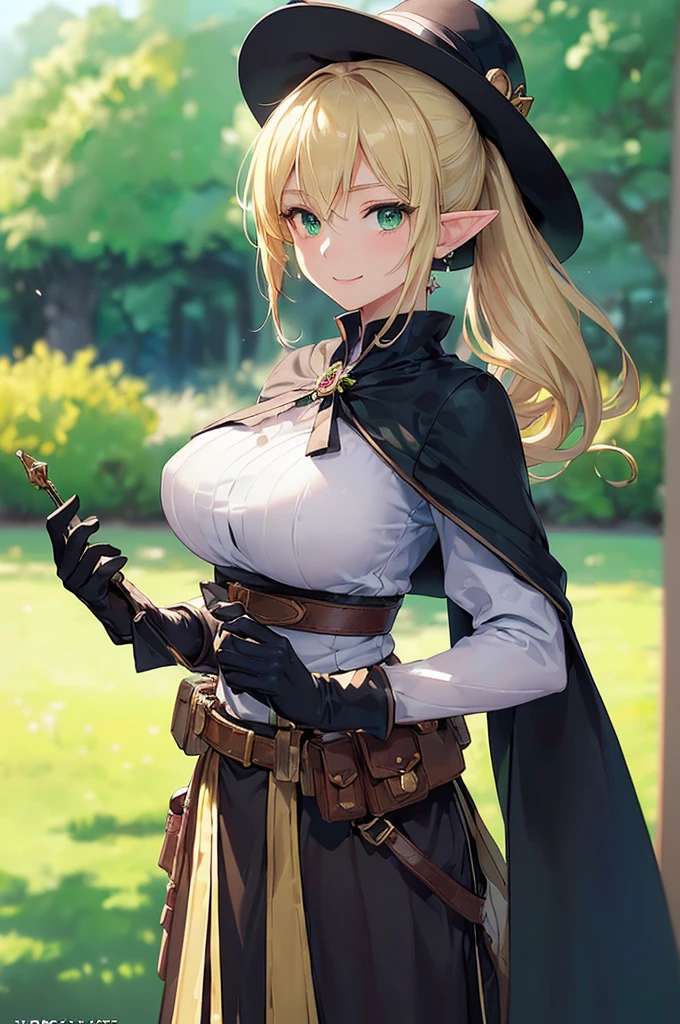 (((masterpiece; best quality: 1.2))), (finely detailed eyes: 1.3), (25 year old elf woman), (solo), (green eyes: 1.4), (body; big breasts, fit, femenine: 1.3), (silky blonde hair in low ponytail: 1.3), (beautiful and clear background: 1.2), ((depth of field)), (equipment: adventurer garb + modest + elegant wide-brimmed hat + dark blouse + dark cape + black long skirt + gloves + belt + pouches: 1.3), (anime illustration: 1.2), (background composition; royal garden: 1.1), (extremely fine and beautiful: 1.1), (shot composition; standing + centered on torso + close-up: 1.5), (expression; calm, smile: 1.2)