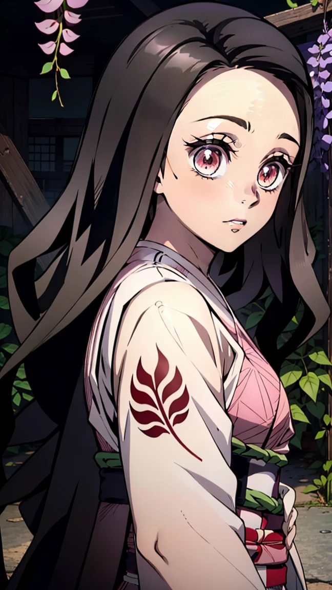 woman, adult girl, real photos、girlка демон, Focus on the eyes, tears of joy, stupidly, night, grin, demonic smile, beautiful, Blinding smile, very sweet, Kimano, girl, top quality изображения、character design of Nezuko from Demon Slayer, chedevr, (pink kimono), seductive face, kamado stupidly、Demon kamado stupidly、ancient japan, charm of kamado stupidly, leaf tattoos, tattoos pierce the whole body, finely detail, chedevr, Shining eyes, 1girl in, Dark-haired, , kamado stupidly, wisteria background, chedevr, top quality,