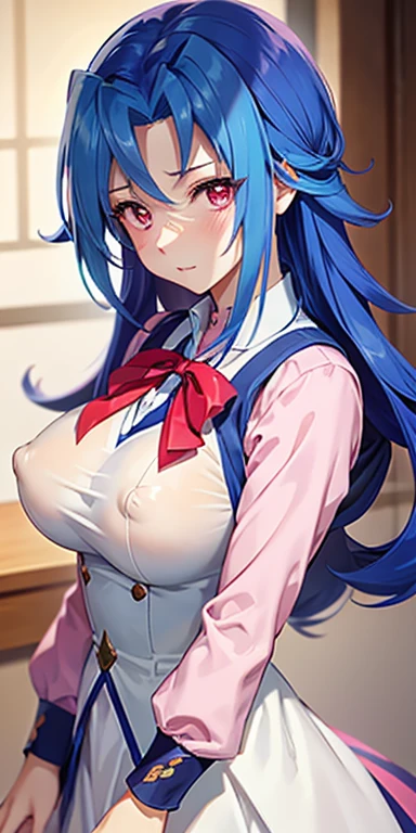 1 Female,High definition,high resolution,Ultra-realistic,8K, kr1, multicolored hair, dyed bangs, long sleeves, bow, pink dress, white vest, white skirt,European,y,Upper body close-up,Photographed from the front,Dynamic Angles,private teacher,blush, big , (nipshow ,4k, high resolution, detailed face,((upper body))