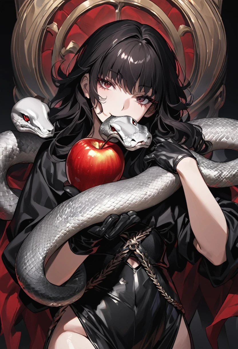 A close shot of woman hand, a black latex gloved hand,holding a snake and an apple in their hand, one holds apple in hand, about to consume you, inspired by Michelangelo Merisi da Caravaggio, done in the style of caravaggio, snake around hand and biting apple
