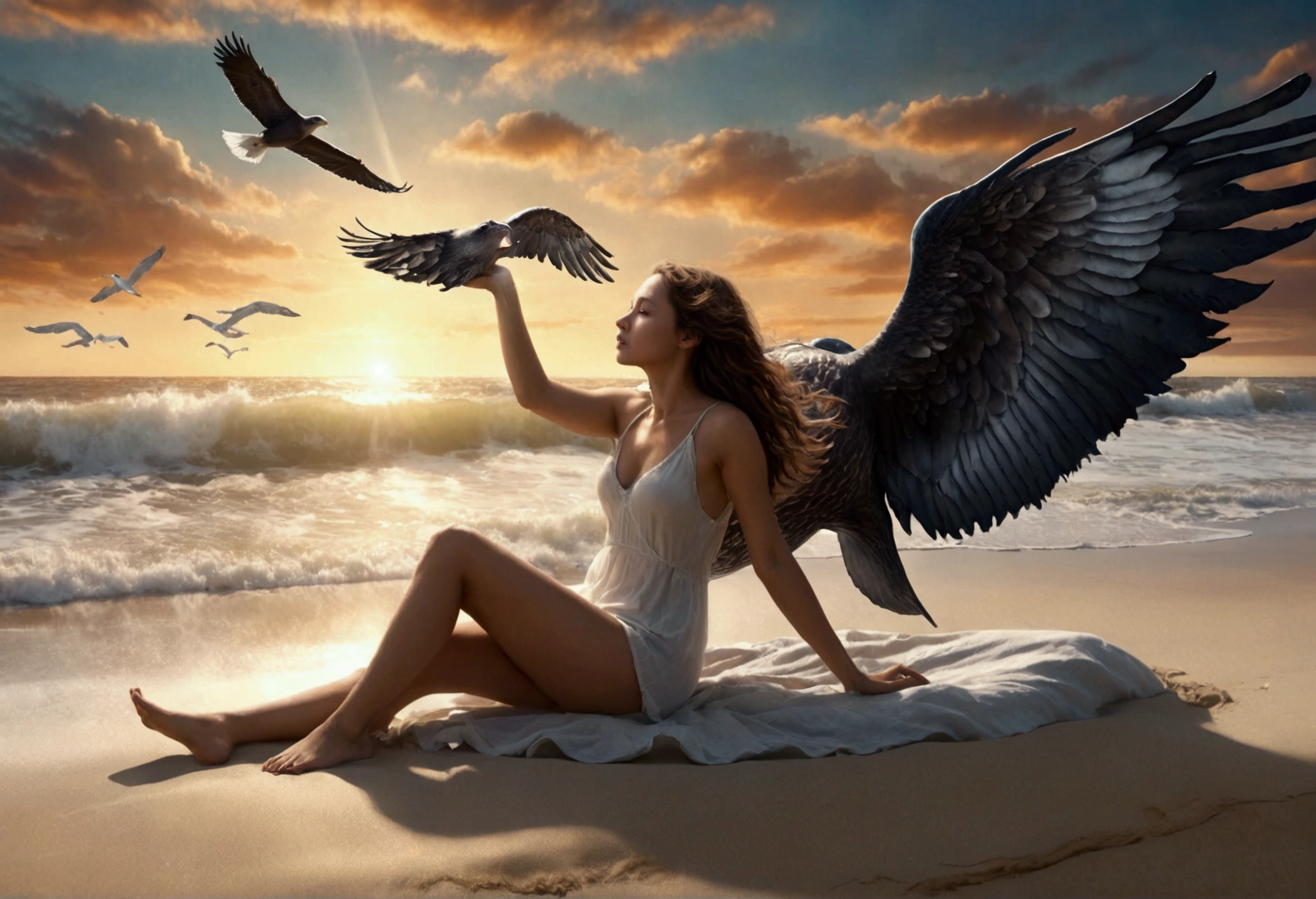 a whale with 3 sets of enormous eagle wings flying through dreamy skies, a cute woman lying on the beach watching its majestic flight, magical realism, ethereal, cinematic lighting, dramatic colors, hyper detailed, photorealistic, award winning digital art