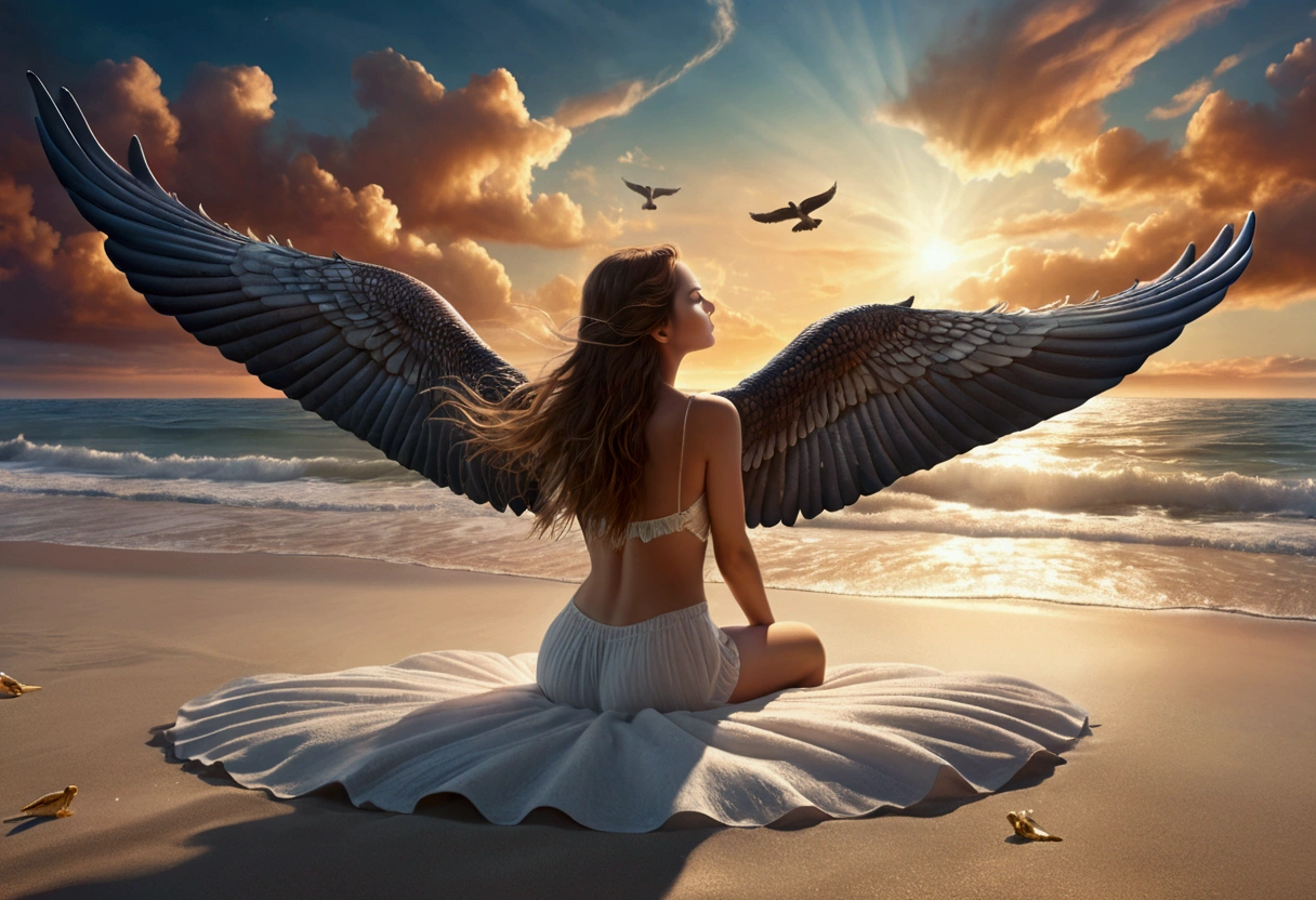 A sky whale, enormous wings, a woman lying on the beach watching its majestic flight, dreamy skies, (best quality,8k,highres,masterpiece:1.2),ultra-detailed,(realistic,photorealistic,photo-realistic:1.37),HDR,UHD,studio lighting,ultra-fine painting,sharp focus,physically-based rendering,extreme detail description,professional,vivid colors,bokeh,fantasy,surreal,cinematic,dramatic lighting,glowing,volumetric lighting,atmospheric,moody,cinematic composition,dramatic perspective
