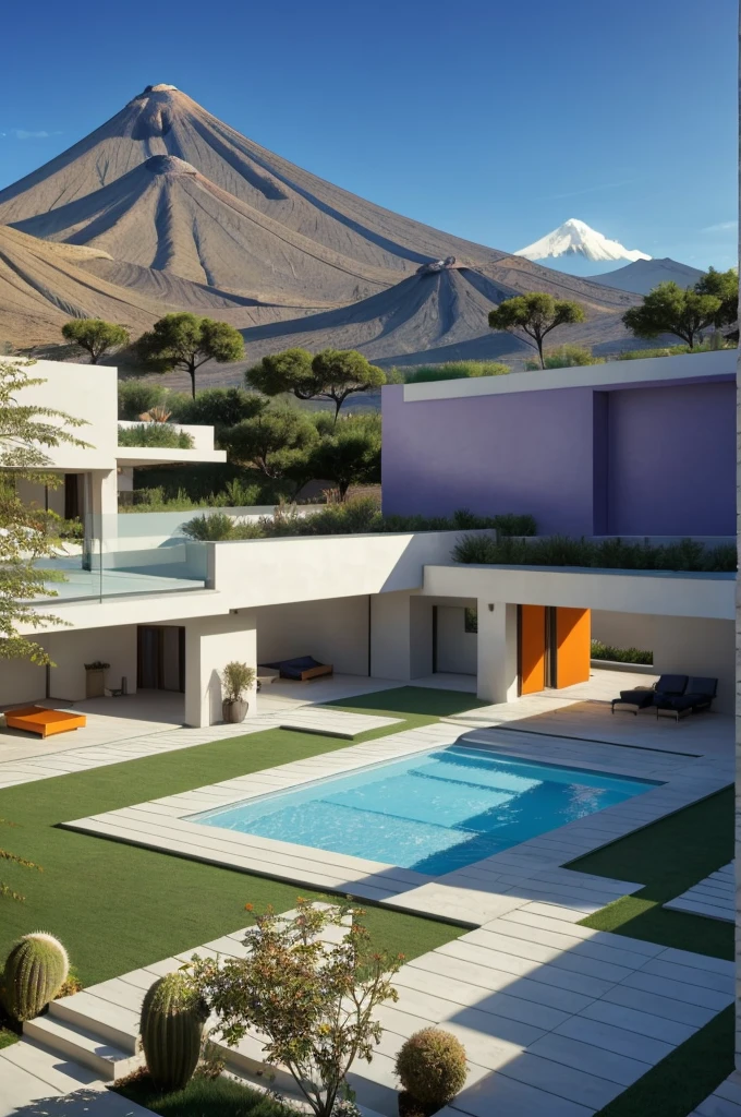 Multiple houses, brutalism style, Luis Barragán, Mountains in background, river, pool, terraces, stairs, garden terraces, trees, beautiful clouds, moon, sun, detailed, cacti, boulders, volcanic rocks, fuggy, Violet, orange, olive green, blue, magenta, amazing volcano in horizont, beautiful garden design