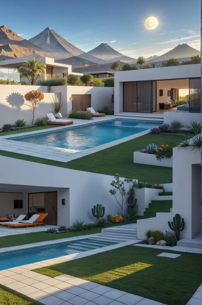 Multiple houses, brutalism style, Luis Barragán, Mountains in background, river, pool, terraces, stairs, garden terraces, trees, beautiful clouds, moon, sun, detailed, cacti, boulders, volcanic rocks, fuggy, Violet, orange, olive green, blue, magenta, amazing volcano in horizont, beautiful garden design
