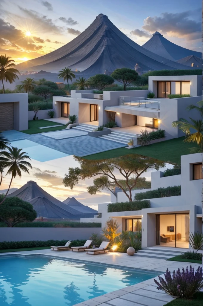 Multiple houses, brutalism style, Luis Barragán, Mountains in background, river, pool, terraces, stairs, garden terraces, trees, beautiful clouds, moon, sun, detailed, cacti, boulders, volcanic rocks, fuggy, Violet, orange, olive green, blue, magenta, amazing volcano in horizont, beautiful garden design