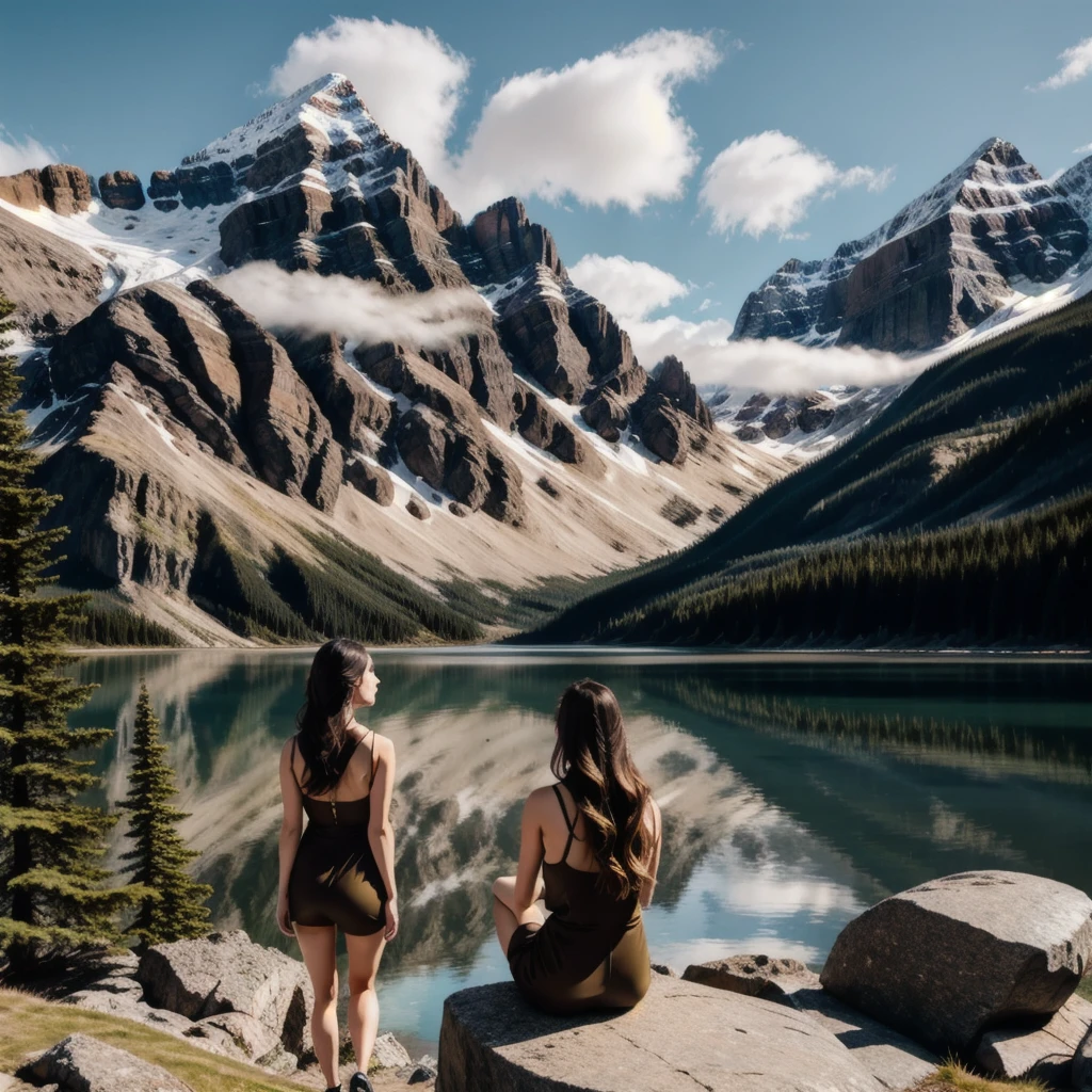 twin models,  long eyelashes, looking at camera, overlooking a lake in the Canadian Rockies, mountainous landscape, natural lighting, golden hour, mist, serene, atmospheric, photorealistic, 