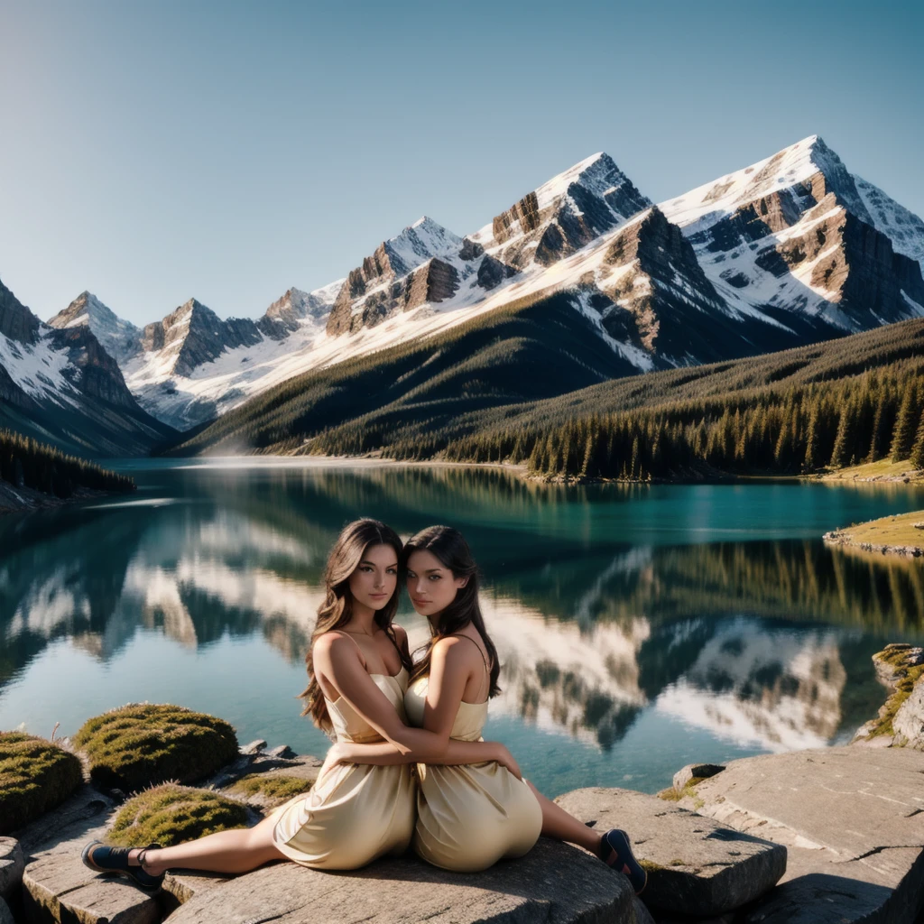 twin models,  long eyelashes, looking at camera, overlooking a lake in the Canadian Rockies, mountainous landscape, natural lighting, golden hour, mist, serene, atmospheric, photorealistic, 