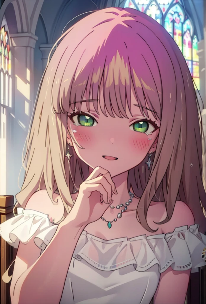minami yume ,sss Dynazenon ,Long Hair, Brown Hair, (Green Eyes:1.5) ,blush,happy smile, smile, Open your mouth,Off-the-shoulder wedding dresses,Wedden Skirt,necklace,Veil,bouquet,Close both eyes,Tears stream down her face,Tears of joy,I cry a lot,
break looking at viewer, whole body,(Cowboy Shot:1. 5) break indoors, Chapel,church, break (masterpiece:1.2), Highest quality, High resolution, unity 8k wallpaper, (shape:0.8), (Beautiful attention to detail:1.6), Highly detailed face, Perfect lighting, Highly detailed CG, (Perfect hands, Perfect Anatomy),