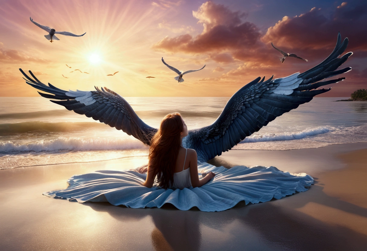 a whale with 3 sets of enormous eagle wings flying through dreamy skies, a cute woman lying on the beach watching its majestic flight, magical realism, ethereal, cinematic lighting, dramatic colors, hyper detailed, photorealistic, award winning digital art