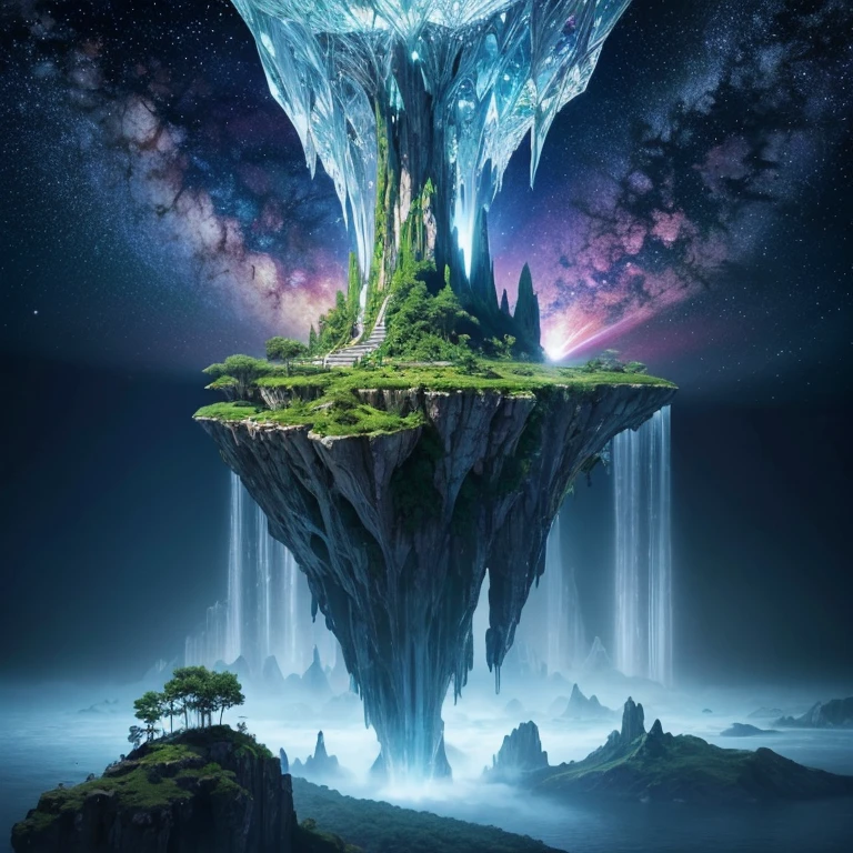 Infinite-dimensional floating islands defying Euclidean geometry, waterfalls flowing upwards and sideways simultaneously, forests of crystalline trees that grow in time rather than space, lakes reflecting impossible colors beyond human perception, magical crystals that emit light in wavelengths that alter consciousness, ethereal atmosphere composed of sentient mist, blending art styles of Moebius and M.C. Escher at 32K resolution