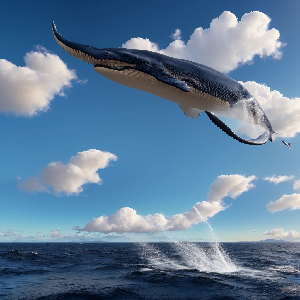 a giant blue whale soaring through the sky, majestic and ethereal, (best quality,4k,8k,highres,masterpiece:1.2),ultra-detailed,(realistic,photorealistic,photo-realistic:1.37),dramatic lighting, dramatic clouds, cinematic, stunning ocean scenery, glowing bioluminescent markings, intricate scales, flowing water effects, sense of wonder and awe