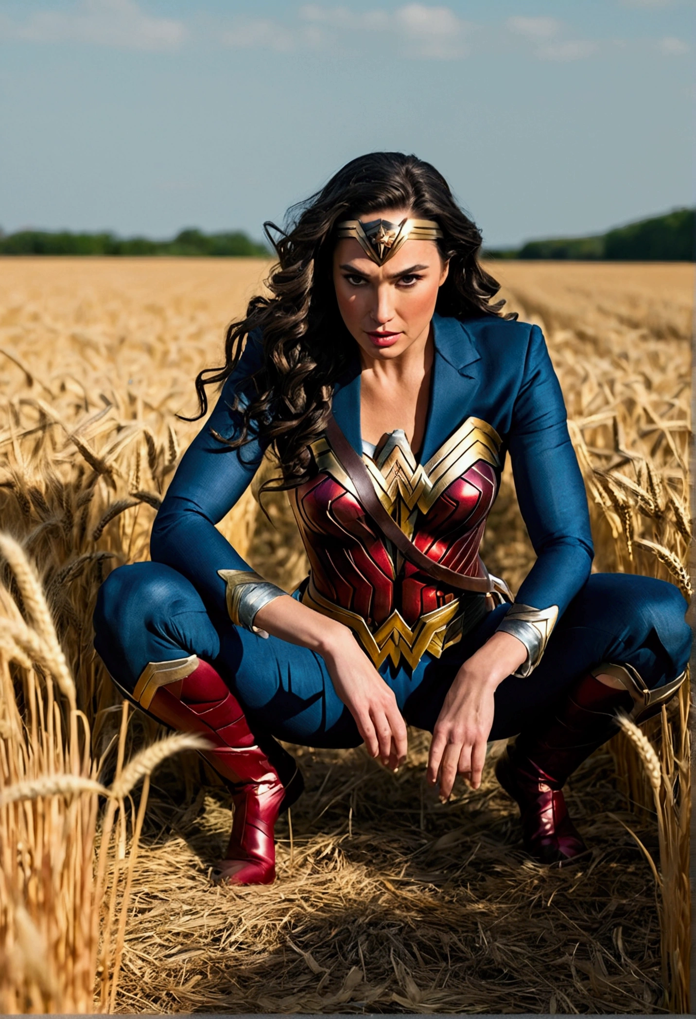 Wonder woman in a crouching posture., similar to a feline, in a wheat field. She is dressed in her suit that highlights her athletic figure... his legs are bent, with both knees touching the ground, both hands rest on the ground. His back is arched, and his head is tilted forward, with an intense and penetrating look of lust. The lighting is soft and directed., creating dramatic shadows that highlight the contours of your body and the texture of the suit.