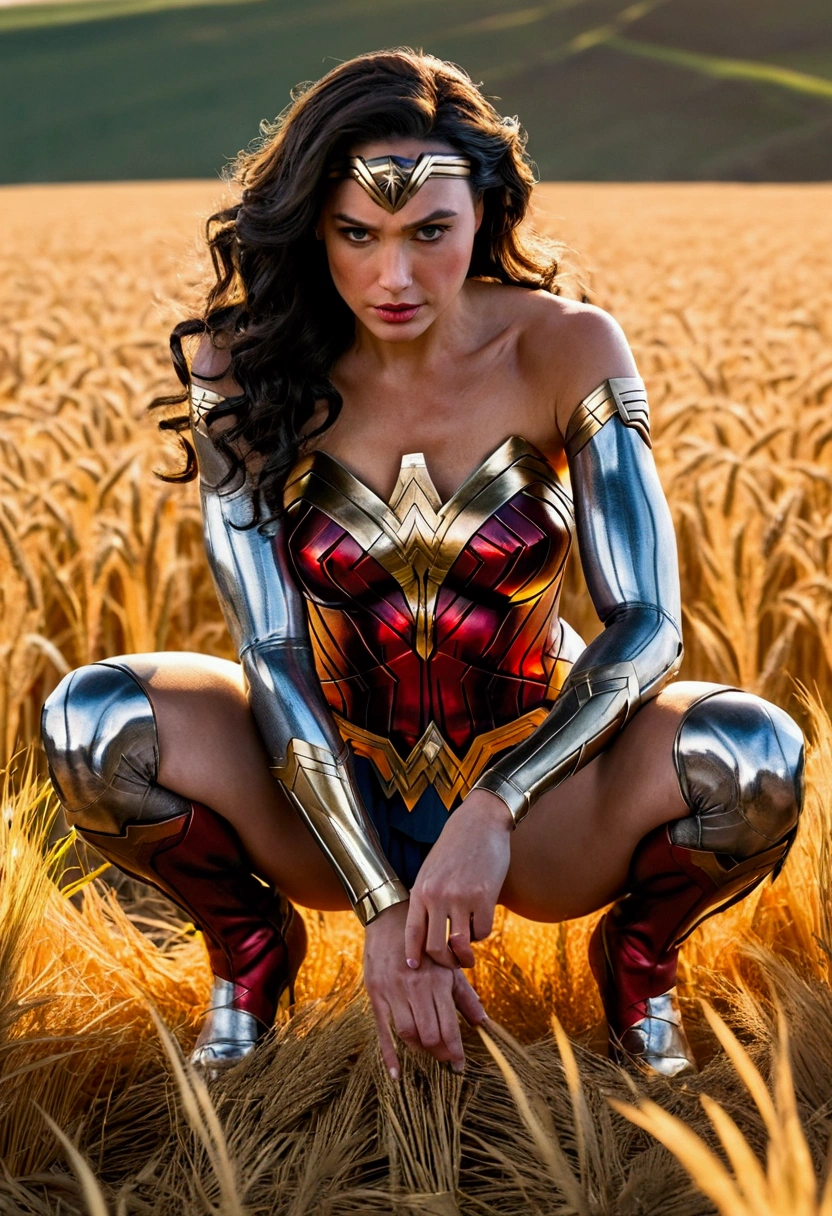 Wonder woman in a crouching posture., similar to a feline, in a wheat field. She is dressed in her suit that highlights her athletic figure... his legs are bent, with both knees touching the ground, both hands rest on the ground. His back is arched, and his head is tilted forward, with an intense and penetrating look of lust. The lighting is soft and directed., creating dramatic shadows that highlight the contours of your body and the texture of the suit.