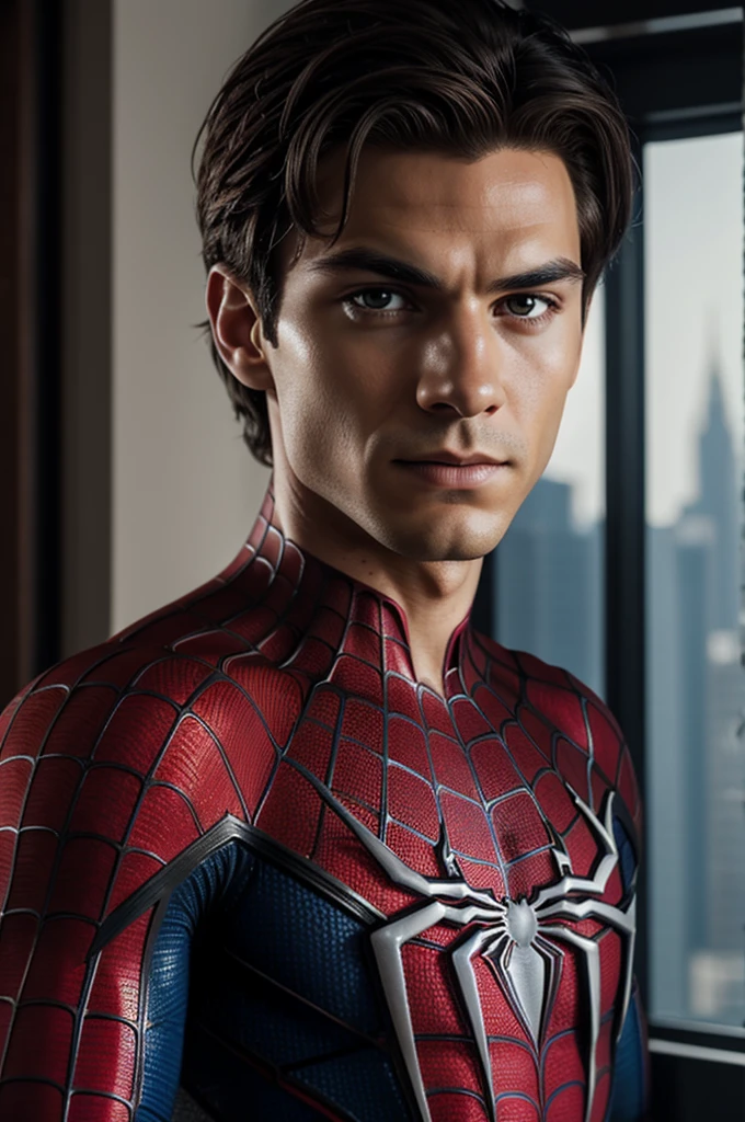 A photograph of Spider-Man., sin mascara, the 20s, elegant, detailed face, looking to the camera, portrait, 8k hd, high quality