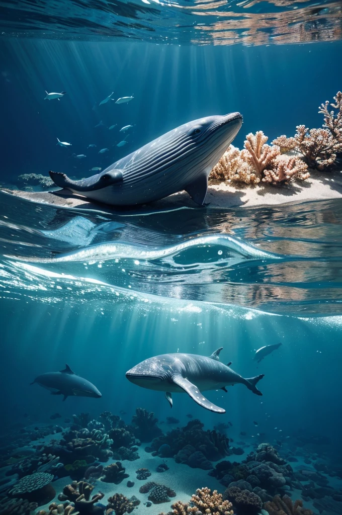 (best quality,4k,8k,highres,masterpiece:1.2),ultra-detailed,realistic:1.37,protect the ocean,ocean conservation,wildlife preservation,whales,plastic pollution,fusion of whales and plastic,marine ecosystem in danger,white plastic contamination,detailed whales swimming in plastic-infested waters,striking contrast between majestic whales and plastic debris,urgent environmental message,profound visual impact,illustrative portrayal of the fragile marine life,plastic waste as a threat to marine biodiversity,alarming consequences of human actions,underwater scene with vibrant coral reefs and diverse marine species,stark juxtaposition of beauty and destruction,stunning depiction of the consequences of plastic pollution,thought-provoking interpretation of the importance of ocean conservation,haunting representation of the impact of plastic on marine ecosystems,emphasize the need for immediate action to protect the oceans from pollution,intricate details capturing the texture and characteristics of both whales and plastic materials,astonishing realism transporting the viewer into an underwater world endangered by human activities,dramatic lighting illuminating the contrast between the dark depths of the ocean and the vibrant colors of marine life,emphasize the urgency and seriousness of the issue of plastic pollution in the seas,raise awareness about the detrimental effects of plastic waste on marine creatures and their habitats, Looking from behind of the whale