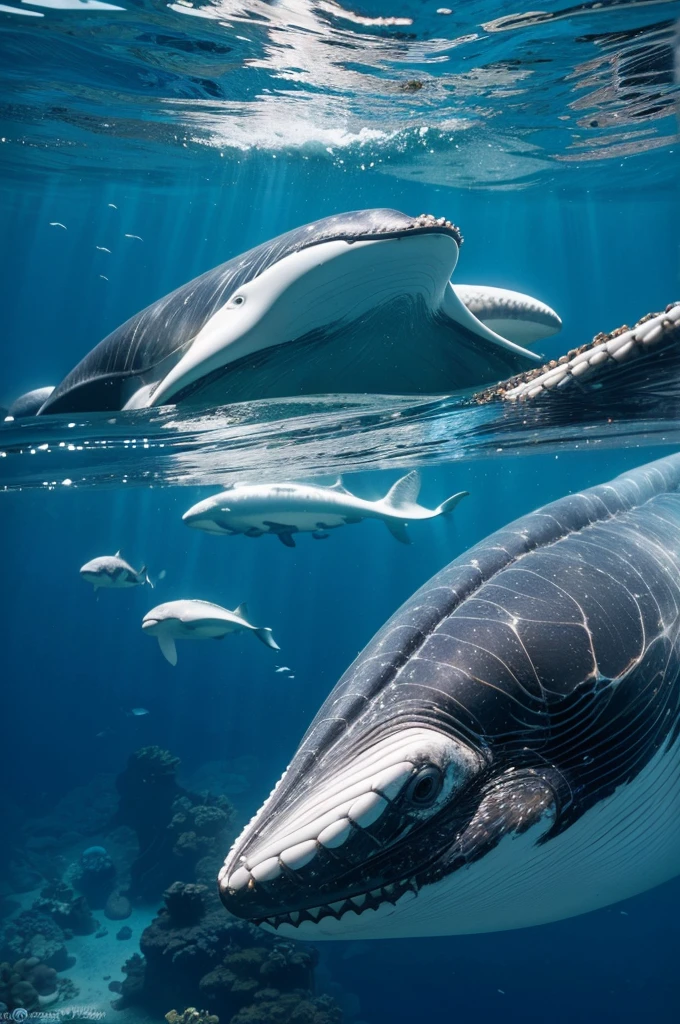 (best quality,4k,8k,highres,masterpiece:1.2),ultra-detailed,realistic:1.37,protect the ocean,ocean conservation,wildlife preservation,whales,plastic pollution,fusion of whales and plastic,marine ecosystem in danger,white plastic contamination,detailed whales swimming in plastic-infested waters,striking contrast between majestic whales and plastic debris,urgent environmental message,profound visual impact,illustrative portrayal of the fragile marine life,plastic waste as a threat to marine biodiversity,alarming consequences of human actions,underwater scene with vibrant coral reefs and diverse marine species,stark juxtaposition of beauty and destruction,stunning depiction of the consequences of plastic pollution,thought-provoking interpretation of the importance of ocean conservation,haunting representation of the impact of plastic on marine ecosystems,emphasize the need for immediate action to protect the oceans from pollution,intricate details capturing the texture and characteristics of both whales and plastic materials,astonishing realism transporting the viewer into an underwater world endangered by human activities,dramatic lighting illuminating the contrast between the dark depths of the ocean and the vibrant colors of marine life,emphasize the urgency and seriousness of the issue of plastic pollution in the seas,raise awareness about the detrimental effects of plastic waste on marine creatures and their habitats, Looking from behind of the whale