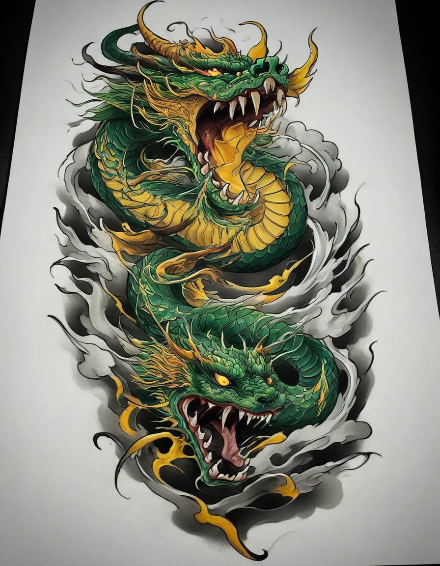 ((solo dragon)), Traditional Japanese tattoo design, realistic tattoo art of green eastern dragon with brown horns, (((yellow eyes))), he is with open mouth looking very fierce and angry, the background is Japanese wave tattoo with thunder effects, (Unity 16K Wallpaper, masterpiece, Best Quality, high quality, Ultra-detailed, extremely details), solo dragon, Traditional Japanese tattoo design, realistic tattoo art of green eastern dragon with brown horns, (((yellow eyes))), he is with open mouth looking very fierce and angry, the background is Japanese wave tattoo with thunder effects,