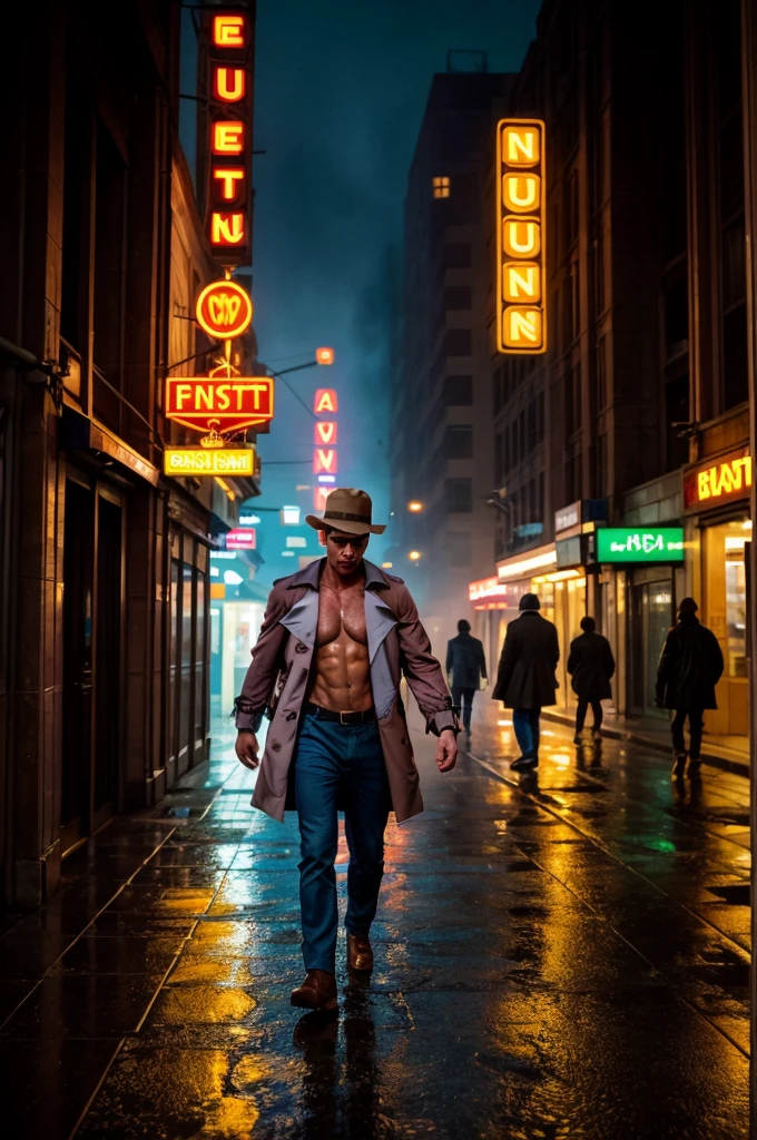 a cinematic scene featuring an Italian man strolling down a dimly lit, rain-soaked street in a 1960s noir setting, The man should exude the charm and style of the era, dressed in a (brown trenchcoat) and fedora, The street should be bathed in the glow of neon signs, casting dramatic shadows and reflections on the wet pavement, Capture the atmosphere of mystery and intrigue that is characteristic of noir films from that era, (muted colors:1.5), fog, (night), large pectorals, abs, nipples, shirtless, realistic, masterpiece, intricate details, detailed background, depth of field,