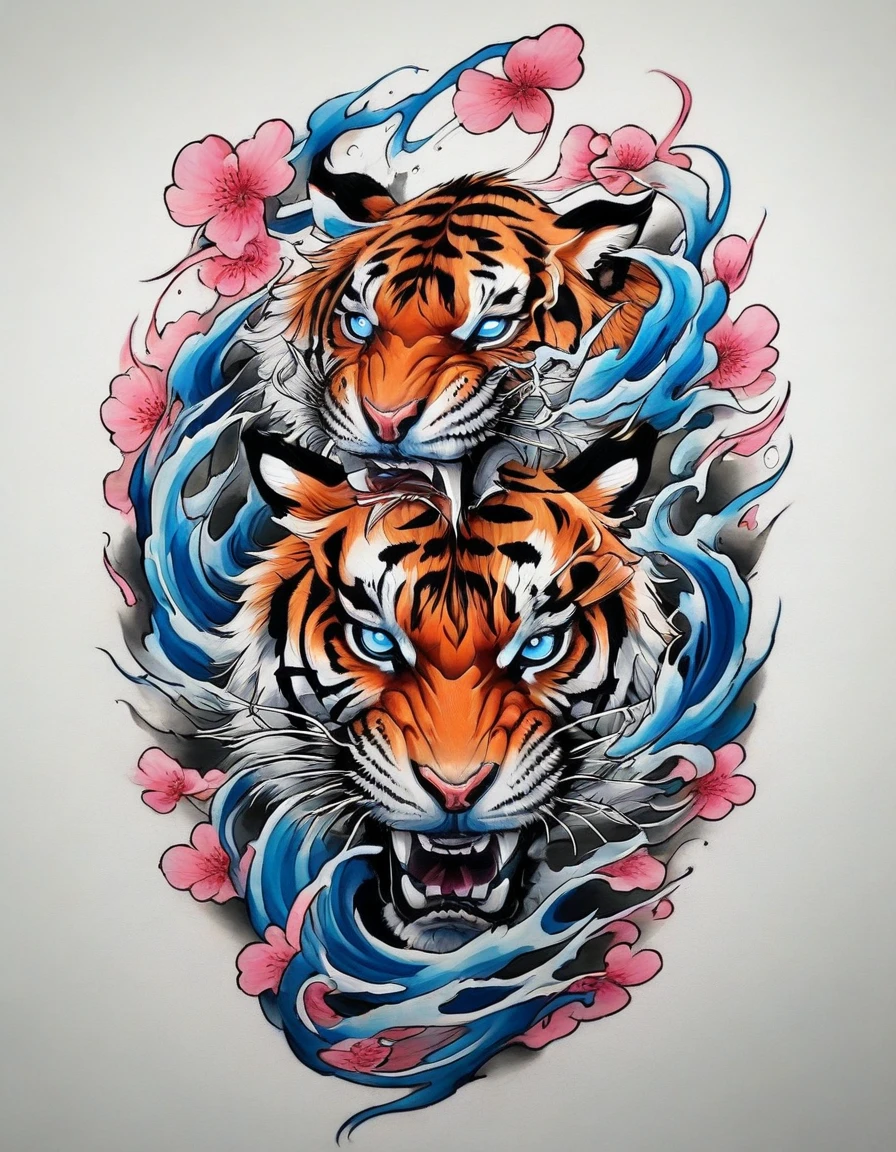 ((solo Tiger)), Traditional Japanese tattoo design, realistic tattoo art of Orange tiger with (((Blue eyes))), he is with open mouth looking very fierce and angry, the background is Japanese wave tattoo with with pink sakura petal effect, (Unity 16K Wallpaper, masterpiece, Best Quality, high quality, Ultra-detailed, extremely details), solo Tiger, Traditional Japanese tattoo design, realistic tattoo art of Orange tiger with (((Blue eyes))), he is with open mouth looking very fierce and angry, the background is Japanese wave tattoo with with pink sakura petal effect,