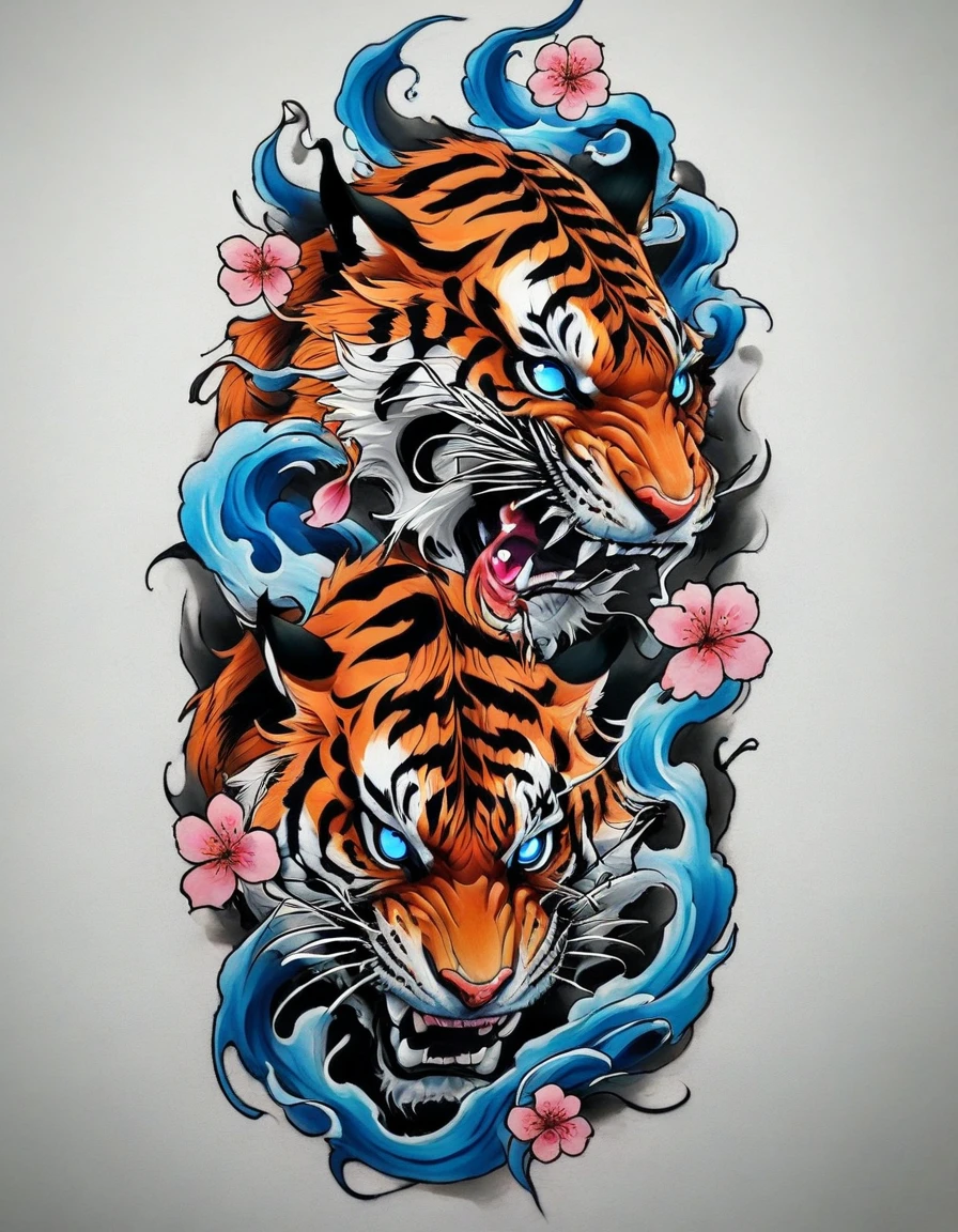 ((solo Tiger)), Traditional Japanese tattoo design, realistic tattoo art of Orange tiger with (((Blue eyes))), he is with open mouth looking very fierce and angry, the background is Japanese wave tattoo with with pink sakura petal effect, (Unity 16K Wallpaper, masterpiece, Best Quality, high quality, Ultra-detailed, extremely details), solo Tiger, Traditional Japanese tattoo design, realistic tattoo art of Orange tiger with (((Blue eyes))), he is with open mouth looking very fierce and angry, the background is Japanese wave tattoo with with pink sakura petal effect,
