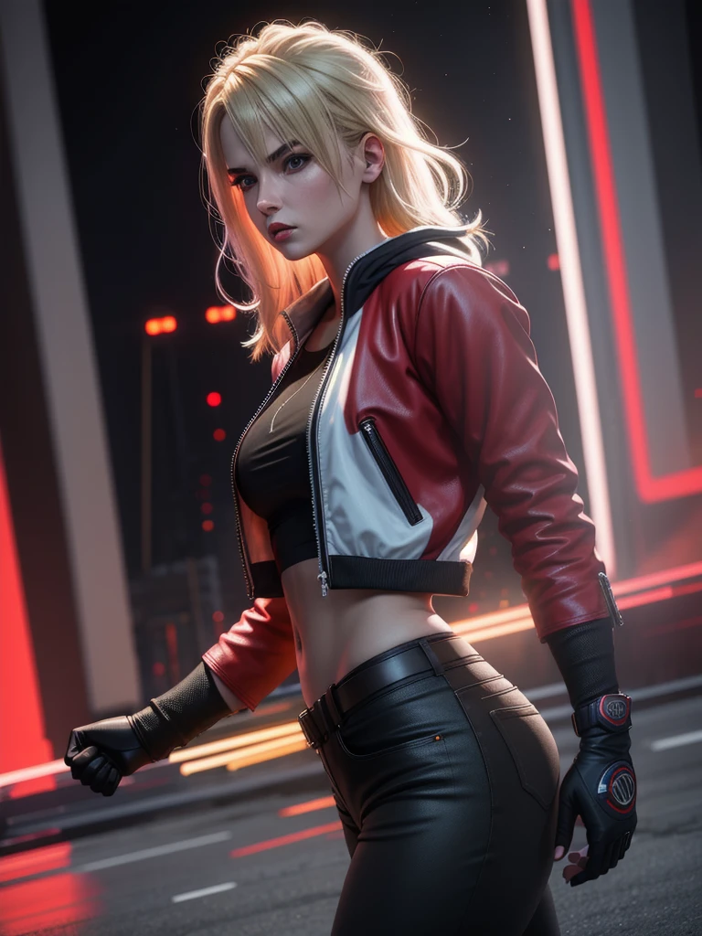 25-year-old woman, alone, blonde hair, red jacket, black t-shirt, black belt and black pants, black fingerless exercise gloves, annoyed look, expelling great blue power, cinematic, ultra-sharp focus, photography award winning, perfect contrast, high sharpness, depth of field, ultra detailed photography, global illumination, fluid, ultra high definition, 8k, Unreal Engine 5, ultra sharp focus, award winning photography, art station trends
