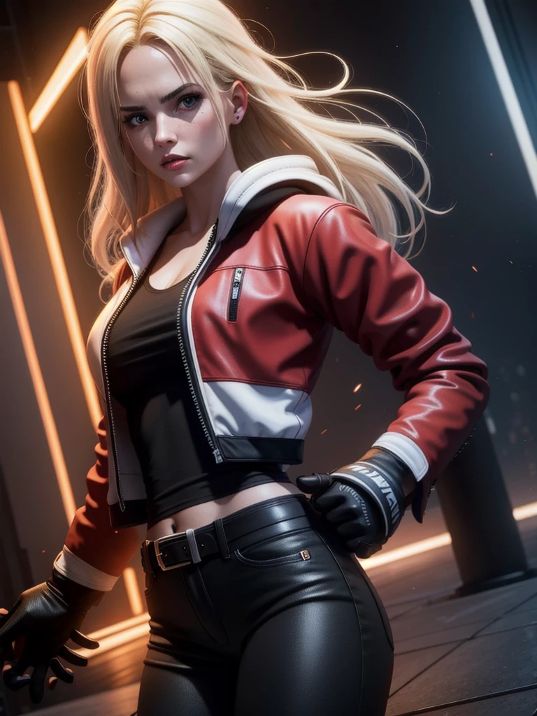 25-year-old woman, alone, blonde hair, red jacket, black t-shirt, black belt and black pants, black fingerless exercise gloves, annoyed look, expelling great blue power, cinematic, ultra-sharp focus, photography award winning, perfect contrast, high sharpness, depth of field, ultra detailed photography, global illumination, fluid, ultra high definition, 8k, Unreal Engine 5, ultra sharp focus, award winning photography, art station trends
