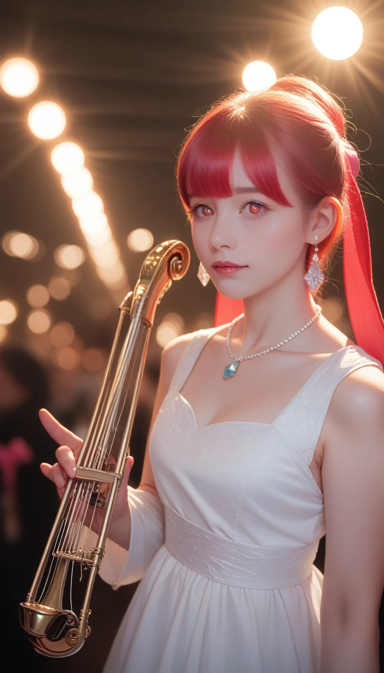 score_9_up, score_8_up, score_7_up, score_6_up,masterpiece, best quality, illustration, Saxophone Blue, Platinum earrings, Platinum necklace, White Dress, 1 Girl, Lovely, (Dynamic Lighting:1.2), light, Exquisite facial features, Delicate eyes, Sharp pupils, Realistic students, Depth of Field, Bokeh, Clear focus, (Ultra Detailed, bloom, glow:1.4), Many little gems