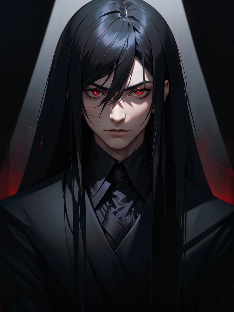 (((Portrait Photo))), He has a Dark and Mysterious Appearance of a Young Boy, with a Lean and Elegant Build that Exudes an Air of Enigma. His Long, Straight Black Hair Falls Gracefully Around His Face, Adding to His Alluring and Intense Presence. His Piercing Red Eyes are Full of Depth and Intrigue, Reflecting a Quiet Power and Hidden Secrets. He is Dressed in a Sophisticated Black Suit, Accentuated by a Cloak that Adds a Dramatic Flair to His Look. His Expression is Serious and Slightly Brooding, with a Sense of Reserved Confidence and Mysterious Charm. (((High Quality, Dark Background))), (((Portrait Photo)))