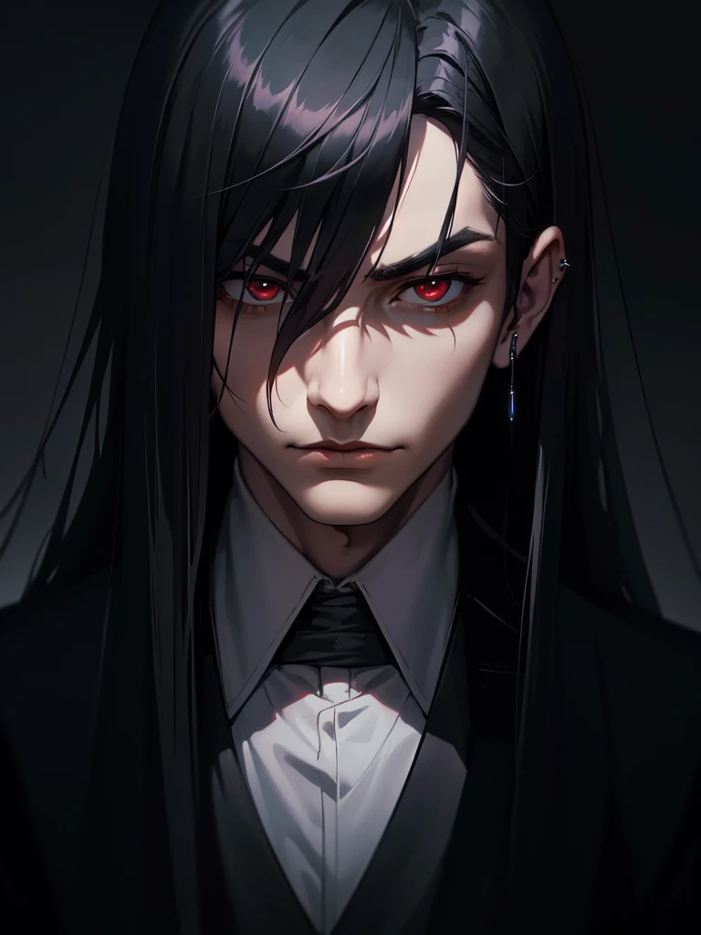 (((Portrait Photo))), He has a Dark and Mysterious Appearance of a Young Boy, with a Lean and Elegant Build that Exudes an Air of Enigma. His Long, Straight Black Hair Falls Gracefully Around His Face, Adding to His Alluring and Intense Presence. His Piercing Red Eyes are Full of Depth and Intrigue, Reflecting a Quiet Power and Hidden Secrets. He is Dressed in a Sophisticated Black Suit, Accentuated by a Cloak that Adds a Dramatic Flair to His Look. His Expression is Serious and Slightly Brooding, with a Sense of Reserved Confidence and Mysterious Charm. (((High Quality, Dark Background))), (((Portrait Photo)))