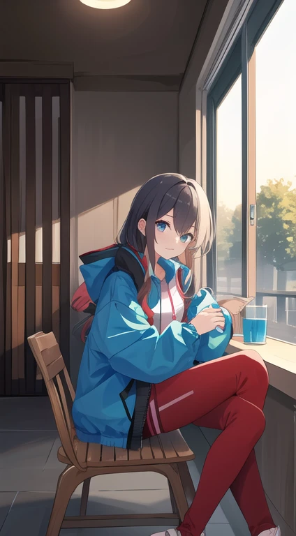 One girl,Lifeland,Sitting, (masterpiece, Highest quality), (One girl17歳) Slim Long Windbreaker