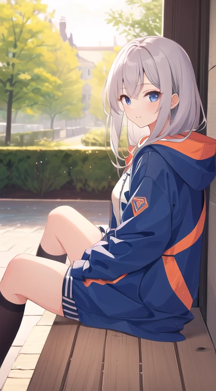 One girl,Lifeland,Sitting, (masterpiece, Highest quality), (One girl17歳) Slim Long Windbreaker