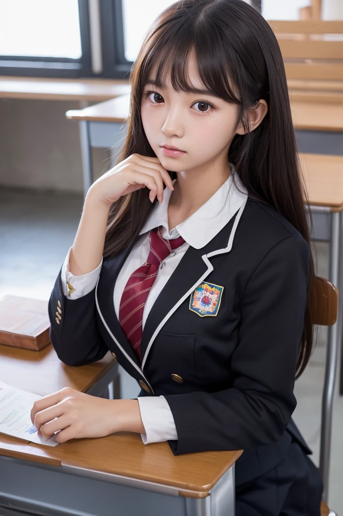 (A photo of a super cute Korean schoolgirl resting her chin on her hands and worrying:1.2)(Playful expression:1.1)(Beautiful Sweat:1.1)(16K, RAW Photos, Highest quality, masterpiece: 1.2),(Shiny and beautiful black long hair) Super detailed, Super Resolution, (Genuine, Genuine photos: 1.37), Portraiture, High-resolution RAW color photos, Professional photos, Very detailed, 8k wallpaper, Very detailed CG Unity 8k wallpaper, Very detailed beautiful girls, Very detailed faces, ((whole body)), beautiful woman, Huge breasts,(huge boobs:1.1) (Big Boobs:1.1), beautiful  (Cute school uniforms,School-designated blazer),high school girl, Korean Girls,(K-POP Female Idols), (Idol-class beauty)(Beautiful high school girl:1.1)(School desk)(16 years old)Clothing,,Dozing off(from down side:1.2)Looks sleepy,Regular school tests,NSFW,