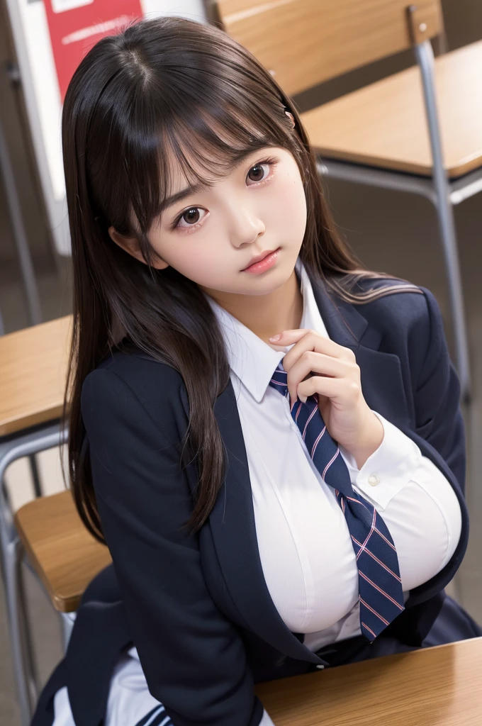 (A photo of a super cute Korean schoolgirl resting her chin on her hands and worrying:1.2)(Playful expression:1.1)(Beautiful Sweat:1.1)(16K, RAW Photos, Highest quality, masterpiece: 1.2),(Shiny and beautiful black long hair) Super detailed, Super Resolution, (Genuine, Genuine photos: 1.37), Portraiture, High-resolution RAW color photos, Professional photos, Very detailed, 8k wallpaper, Very detailed CG Unity 8k wallpaper, Very detailed beautiful girls, Very detailed faces, ((whole body)), beautiful woman, Huge breasts,(huge boobs:1.1) (Big Boobs:1.1), beautiful  (Cute school uniforms,School-designated blazer),high school girl, Korean Girls,(K-POP Female Idols), (Idol-class beauty)(Beautiful high school girl:1.1)(School desk)()Clothing,,Dozing off(from down side:1.2)Looks sleepy,Regular school tests,NSFW,