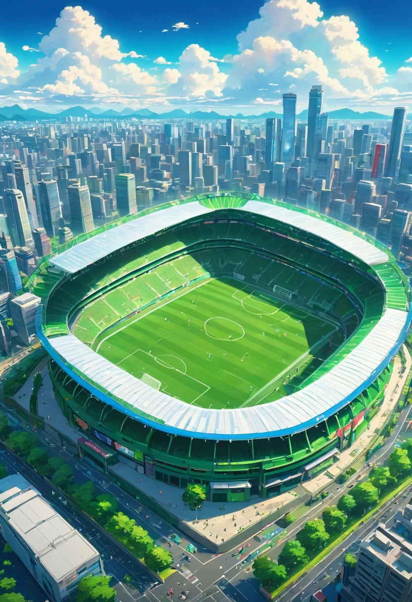 highly detailed,ultra-high resolutions,32K UHD,best quality,masterpiece,
A football stadium with green grass,surrounded by high-rise buildings and clouds in the sky. The field is crowded with fans cheering for their team's game against the opposite side. In the style of anime,it features vibrant colors and detailed character designs. It was created using ArtStation and digital painting techniques,featuring high resolution and wide-angle lenses. This scene showcases the realism of Makoto Shinkai,showcasing intricate details.,