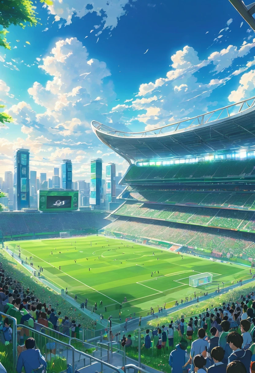 highly detailed,ultra-high resolutions,32K UHD,best quality,masterpiece,
A football stadium with green grass,surrounded by high-rise buildings and clouds in the sky. The field is crowded with fans cheering for their team's game against the opposite side. In the style of anime,it features vibrant colors and detailed character designs. It was created using ArtStation and digital painting techniques,featuring high resolution and wide-angle lenses. This scene showcases the realism of Makoto Shinkai,showcasing intricate details.,