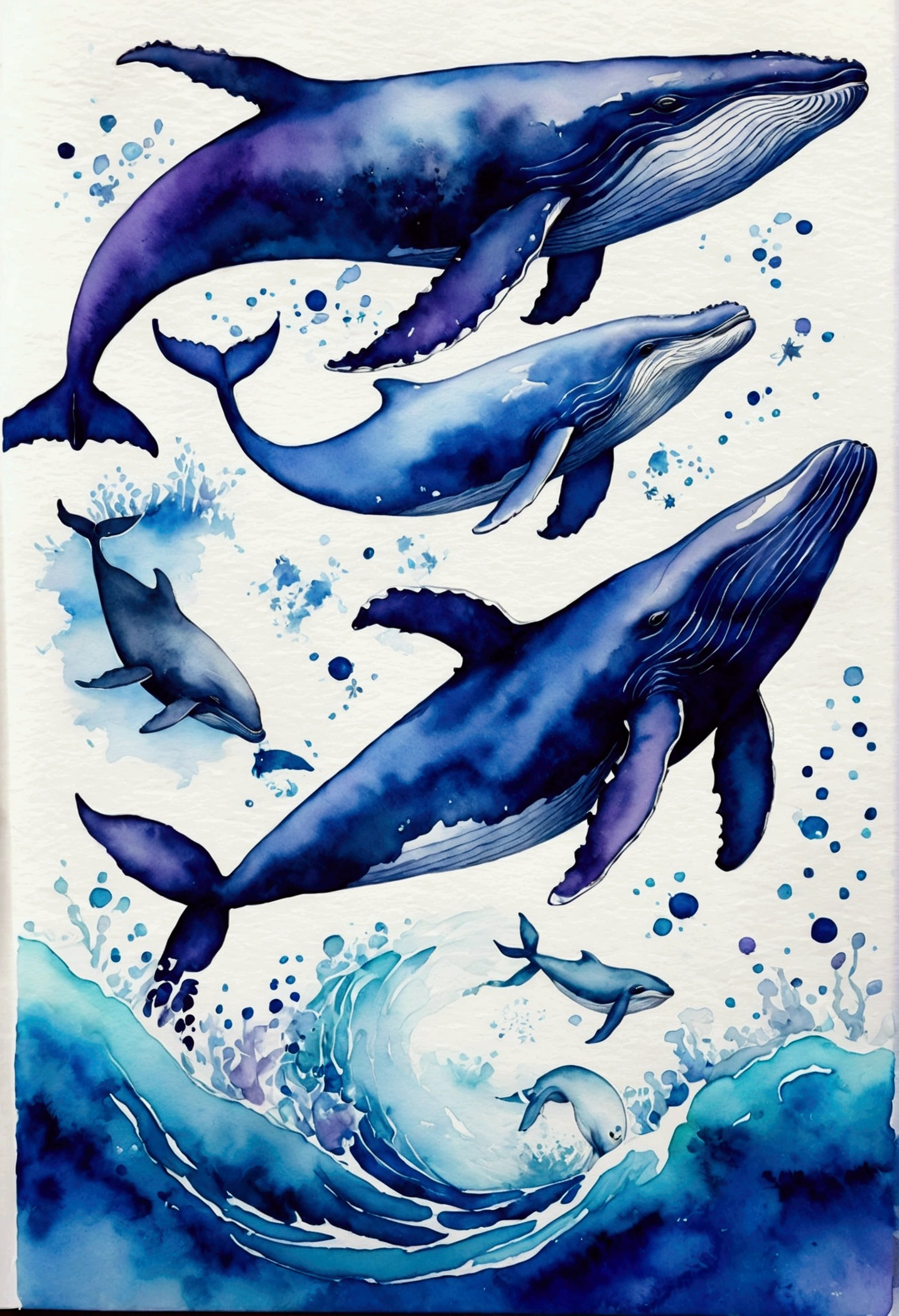 whales,over the sea,Faraway view,Blue-purple,dream magical,k hd , Highly detailed watercolor 8k, highly detailed water colour 8 k,