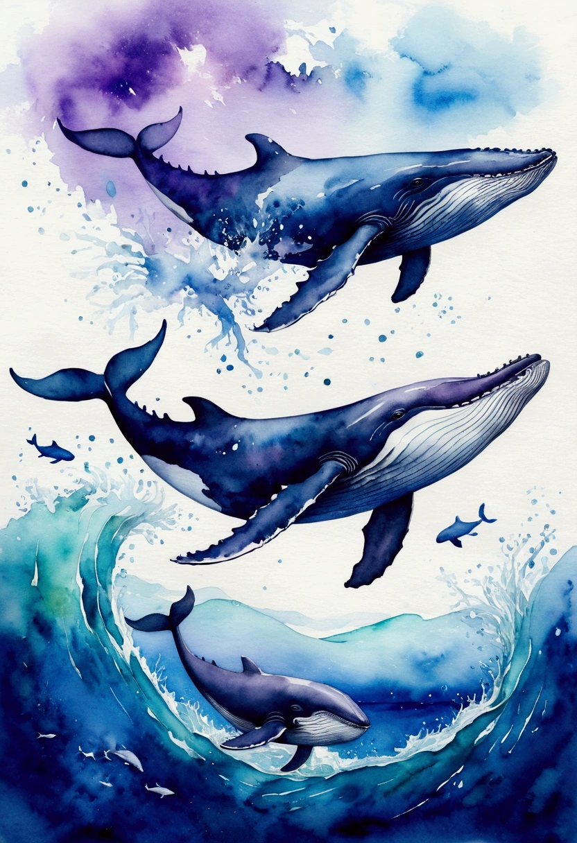 whales,over the sea,Faraway view,Blue-purple,dream magical,k hd , Highly detailed watercolor 8k, highly detailed water colour 8 k,