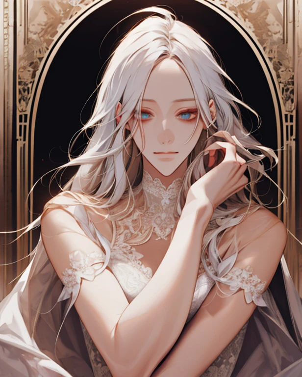 (Extremely Delicate and Beautiful:1.2), 8K ,(Masterpiece:1.0),(best_quality:1.0), 1girl, mature woman, complex details, enlarged textures, complex details, finely detailed eyes and detailed face, intricate details, white hair, (closed mouth), perfect eyes, equal eyes, (goddess), perfect body, extremely detailed