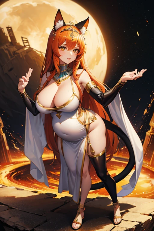 8k, masterpiece, very realistic, Full body shot of sexy pregnant cat woman, anime style, standing, faraon cat girl, Cleopatra, Egyptian style, tail, cat ears, very slim waist, very tall, white ancient clothing design, dynamic pose, pregnant, cleavage, orange hair
