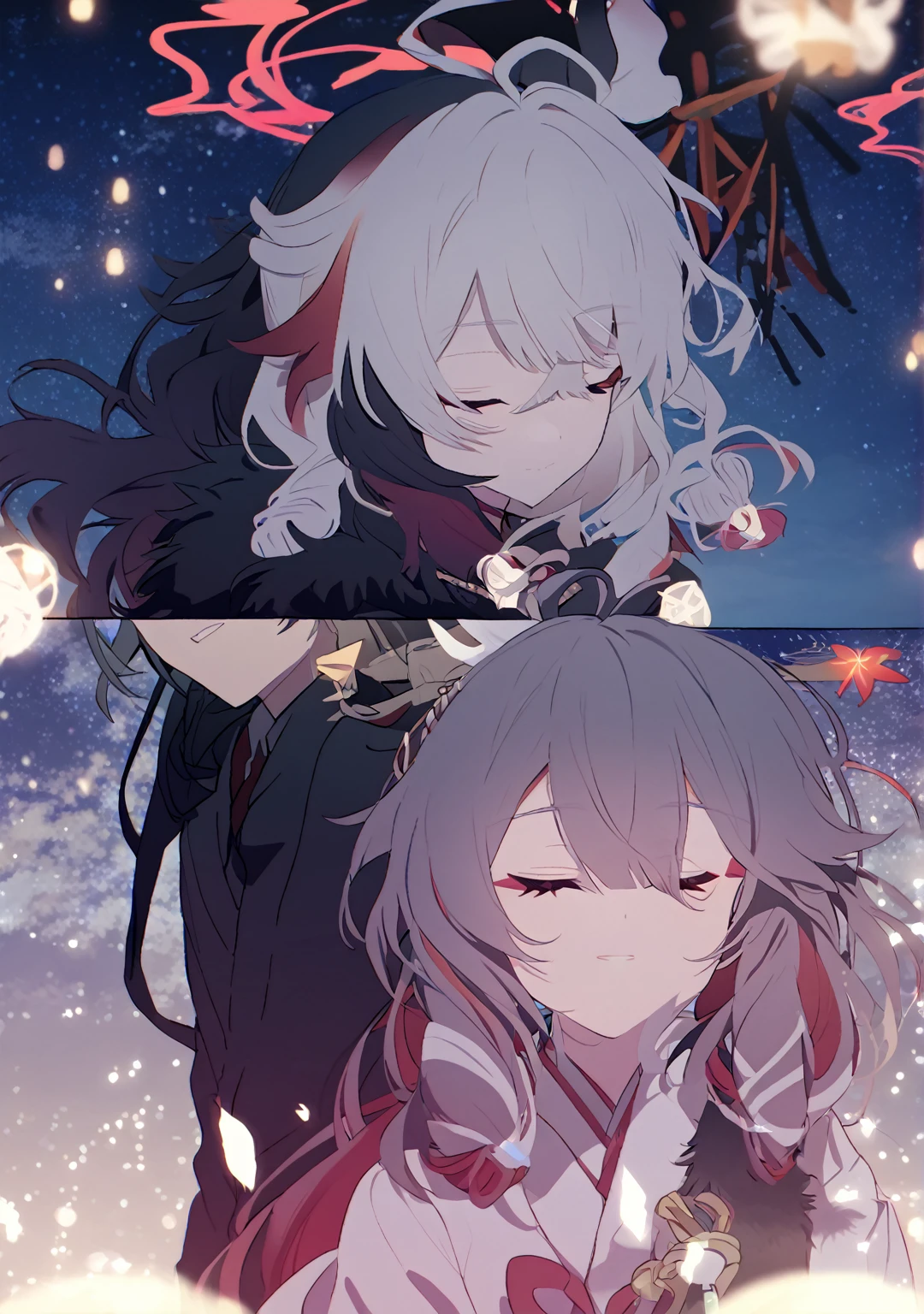 Man and woman couple, couple, walking under the stars, at night, a little stuck, 1 girl, Columbina, multicilor hair, two color hair, colored inner hair, decoration for your hair, black fur, dark fur, with red outline, closed eyes, 1 chico, Kaedehara Kazuha, white hair with a red streak, hair ornament