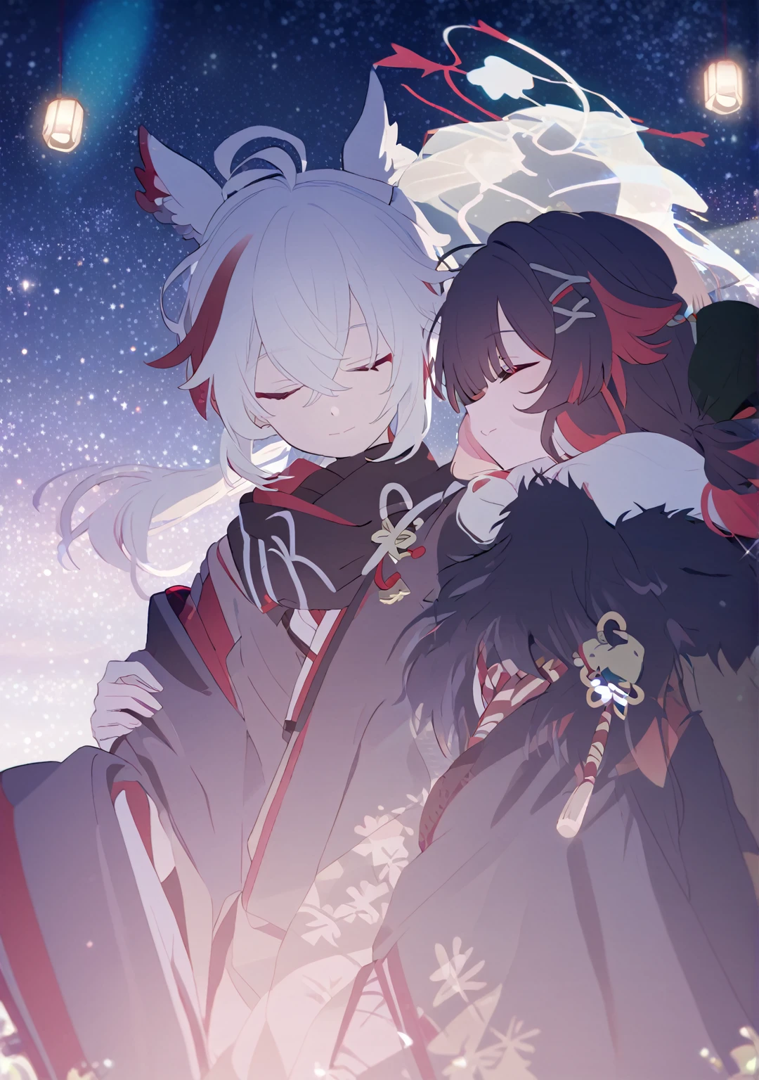 Man and woman couple, couple, walking under the stars, at night, a little stuck, 1 girl, Columbina, multicilor hair, two color hair, colored inner hair, decoration for your hair, black fur, dark fur, with red outline, closed eyes, 1 chico, Kaedehara Kazuha, white hair with a red streak, hair ornament