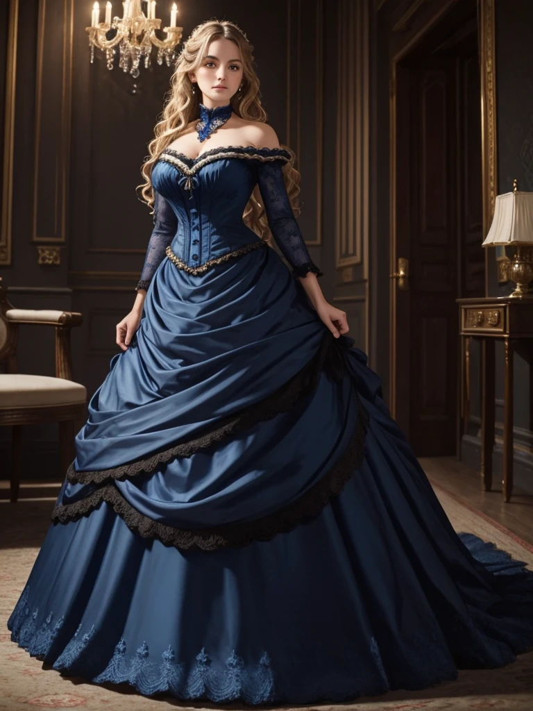 Victorian woman blue eyes, dark blonde wavy tied hair, wearing a light dress at a ball full body