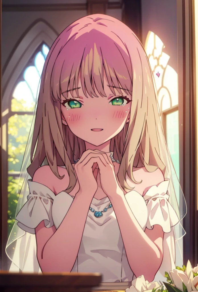 minami yume ,sss Dynazenon ,Long Hair, Brown Hair, (Green Eyes:1.5) ,blush,happy smile, smile, Open your mouth,Off-the-shoulder wedding dresses,Wedden Skirt,necklace,Veil,bouquet,Close both eyes,Tears stream down her face,Tears of joy,I cry a lot,　　　　　　　　　　　　 
 break looking at viewer, whole body,(Cowboy Shot:1. 5) 　　　　　　　　　　　　　　　　　　　break indoors, Chapel,church, 　　　　　　　　　　　break (masterpiece:1.2), Highest quality, High resolution, unity 8k wallpaper, (shape:0.8), (Beautiful attention to detail:1.6), Highly detailed face, Perfect lighting, Highly detailed CG, (Perfect hands, Perfect Anatomy),