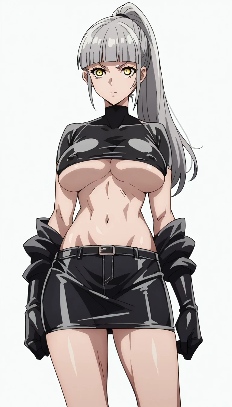 score_9, score_8_up, score_7_up, score_6_up, score_5_up, score_4_up, BREAK,blunt bangs,Gray Hair,Yellow Eyes,ponytail,big breasts,,Overflowing breasts,Street fashion,Erect nipples,latex,Underboob,White background,Are standing,fine anime screencap_xl, anime screencap