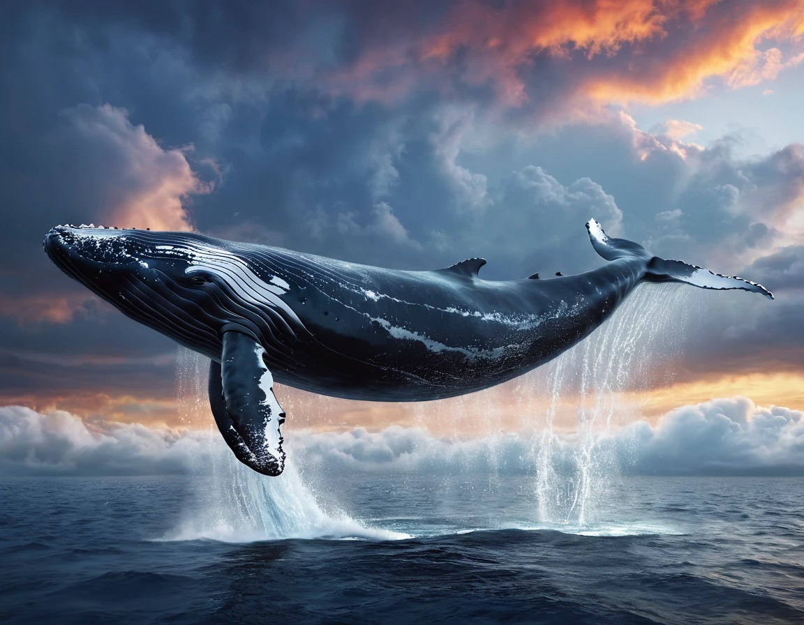 1 gigantic whale, surreal whale flying in the sky, detailed anatomy of whale, photorealistic, cinematic lighting, dramatic clouds, dramatic sunset colors, serene atmosphere, (best quality,4k,8k,highres,masterpiece:1.2),ultra-detailed,(realistic,photorealistic,photo-realistic:1.37),highly detailed, cinematic composition, dramatic lighting, volumetric fog, vibrant colors, dramatic details, award winning digital art