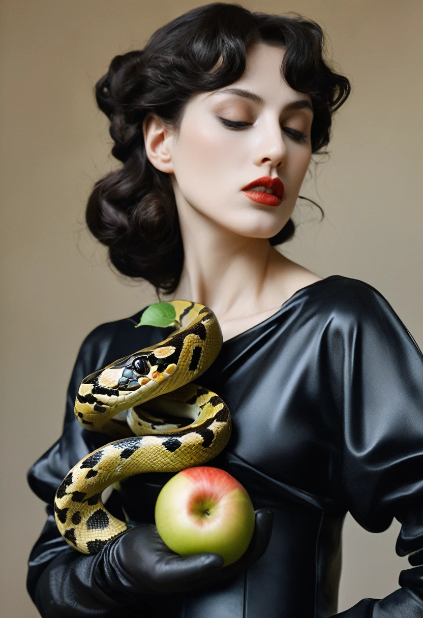 A close shot of woman hand, a black latex gloved hand,holding a snake and an apple in their hand, one holds apple in hand, about to consume you, inspired by Michelangelo Merisi da Caravaggio, done in the style of caravaggio, snake around  hand and biting apple