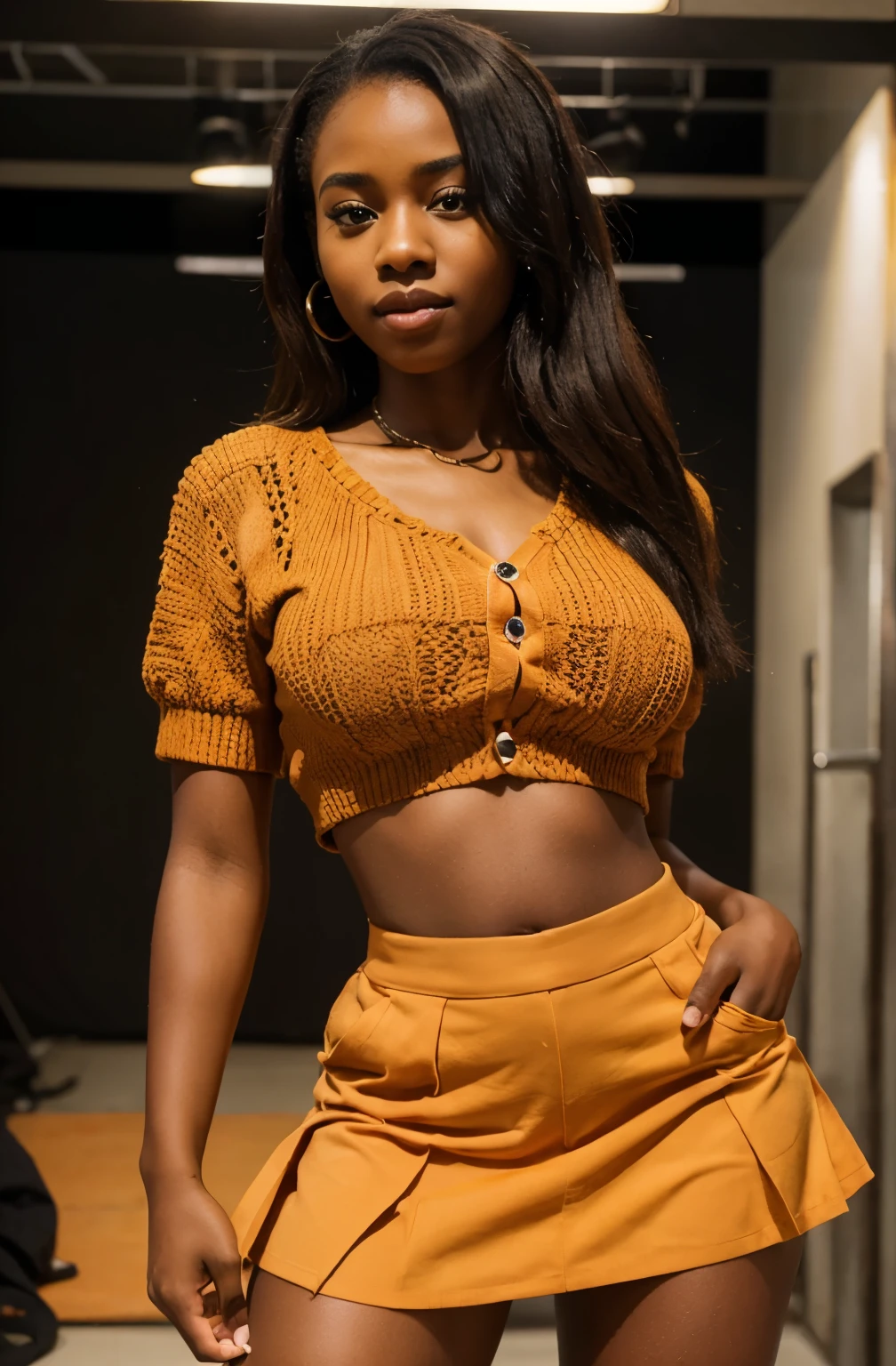 Create a realistic depiction of a 23 year old African lady who is smartly dressed in beautiful crotchet skirt and crop top, holding a purse, in a studio standing crossing her legs. Her outfit should prominently feature orange color . She should be very very thick and appear realistic, she should be smiling. Her fingers should be realistc. She should be posing I'm a model like manner.