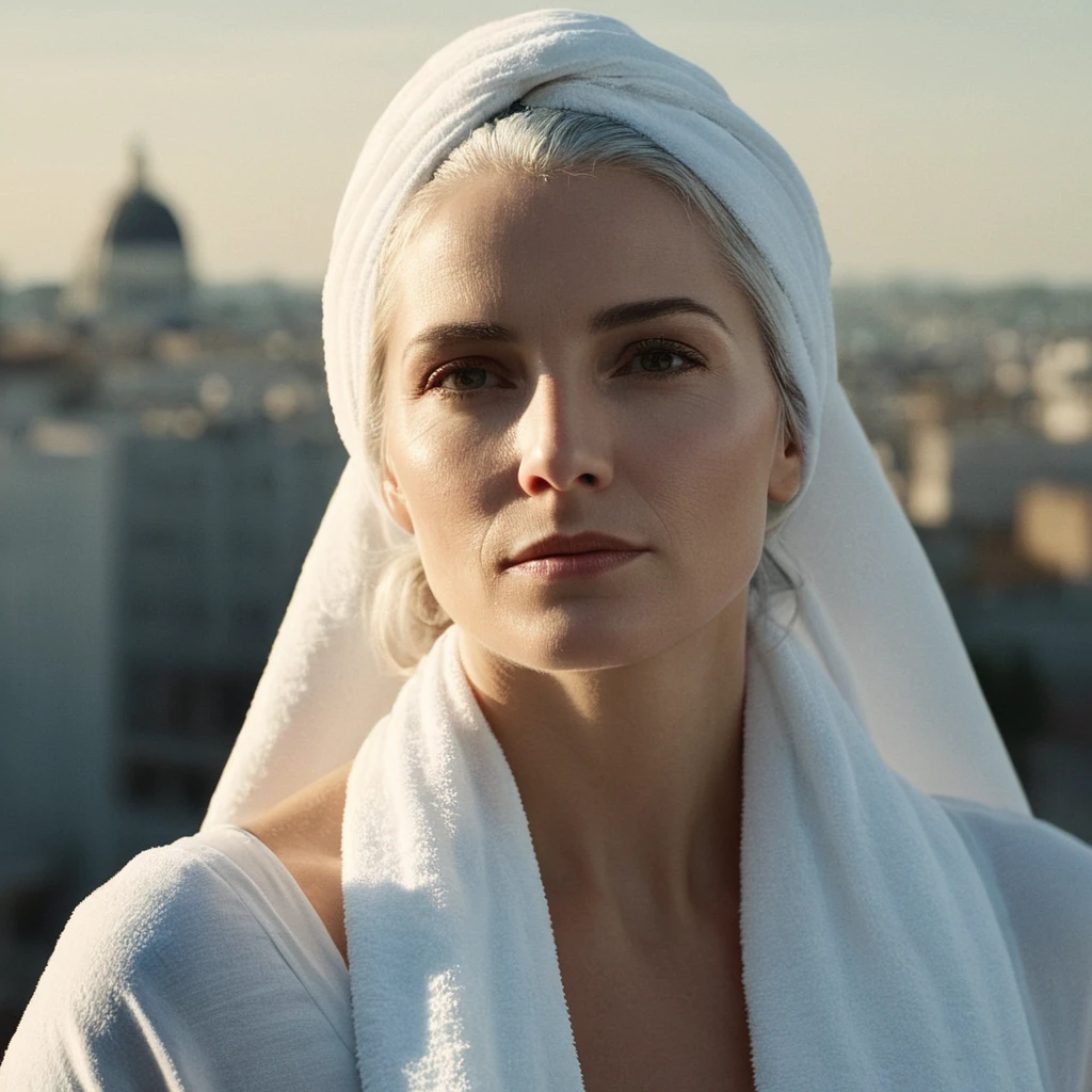 cinematic film still of bright light, bright, a woman with a white towel on her head High-key lighting Style,1girl,solo,long hair,gray hair, elder, 50 years old,looking at viewer, city background, city background,bare shoulders,white hair,lips,makeup,pale skin,realistic,white theme, shallow depth of field, vignette, highly detailed, high budget, bokeh, wearing a bikini, cinemascope, moody, epic, gorgeous, film grain, grainy