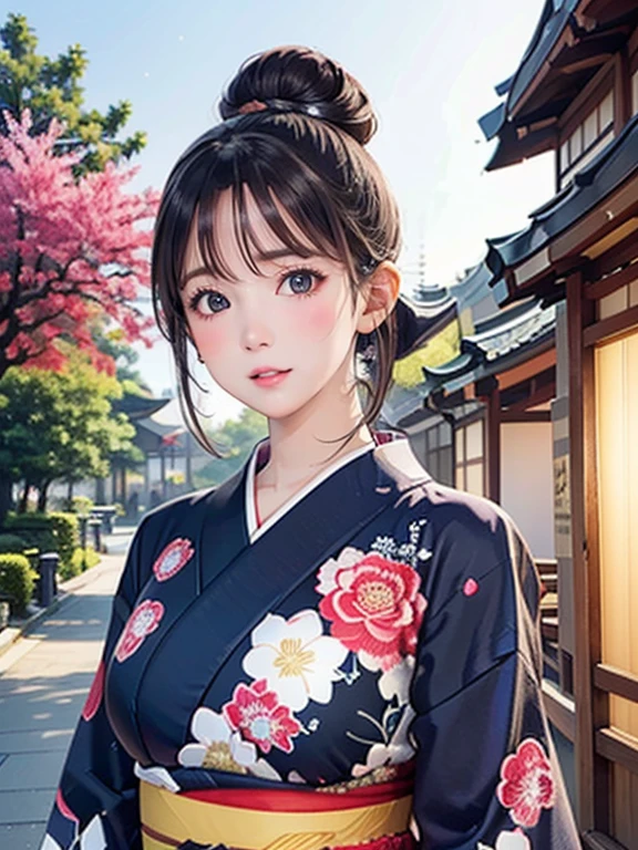 (Highest quality、 8k wallpaper、masterpiece、High resolution)、Vibrant colors、Ample breasts、Black hair in a Japanese round topknot、Brown-black bob、Beautiful girl in yukata、Vivid floral pattern、whole body、(Highly detailed face and eyes、Beautiful Face、Beautiful Eyes、Beautiful nose、Pretty lips)、A friendly gaze、Highly detailed background、Japanese garden、moonlight、Full moon and starry sky、Official Art、